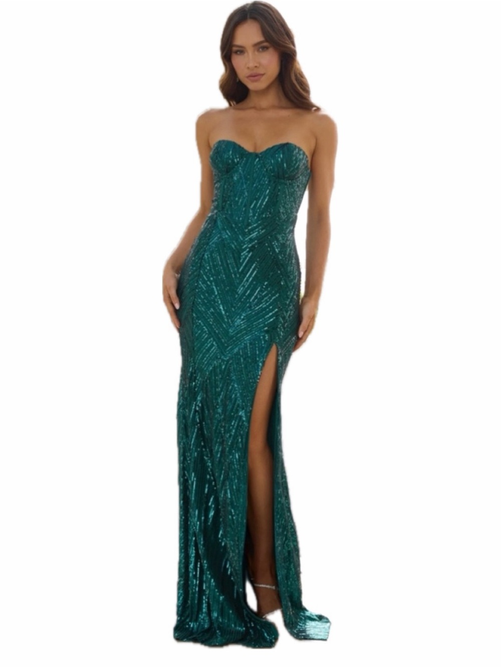 HELLO MOLLY-DEAR EMILIA Strapless Emerald Green Sequin Evening Gown